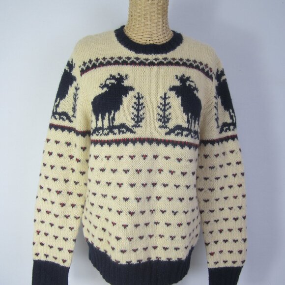 J Crew Womens Small Ivory Red Navy Reindeer Wool LS Sweater Crew Neck Hand Knit - Picture 9 of 11